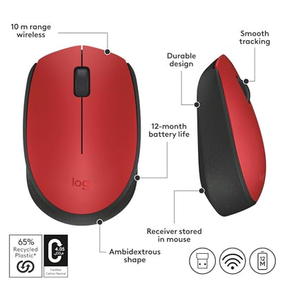 Logitech M170 Compact Ambidextrous 2.4 GHz Wireless Mouse - Red | Ambidextrous mouse with 2.4 GHz USB-A Nano Receiver, Optical Tracking, 12-Months Battery Life, PC, Mac, Laptop compatible - color: Red