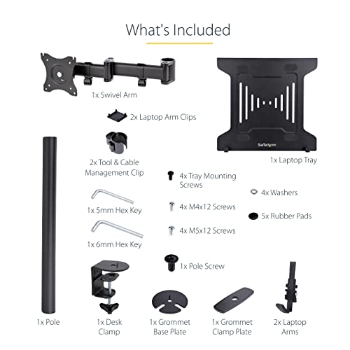StarTech Laptop Desk Mount up to 34in, 9.9lb/4.5kg (A-Laptop-Desk-Mount) | VESA Monitor Mount for Displays up to 34" (17.6lb/8kg) or Laptops up to 9.9lb (4.5kg), Articulating Arm Tray, Clamp/Grommet - style: Single