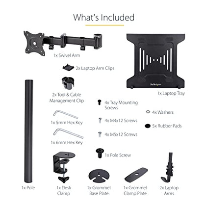 StarTech Laptop Desk Mount up to 34in, 9.9lb/4.5kg (A-Laptop-Desk-Mount) | VESA Monitor Mount for Displays up to 34" (17.6lb/8kg) or Laptops up to 9.9lb (4.5kg), Articulating Arm Tray, Clamp/Grommet - style: Single