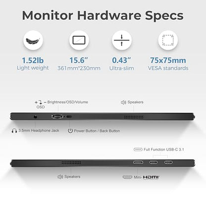 UFYQL Portable Monitor for Laptops - 15.6 -inch FHD 1080P IPS Screen, Built-in Speakers, USB-C/HDMI, Includes Protective Case, Compatible with Laptops, MAC, PC, Phones, PS4/5, Xbox, Switch