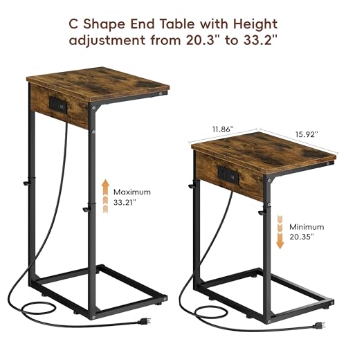 C Shaped End Table with Charging Station, Adjustable Height Side Table for Couch, Small Side Table, 33.2'' Tall Couch Tables that Slide Under, Tv Tray End Table for Living Room, Rustic Brown - color: Rustic Brown (1 Pack), style: With Plug