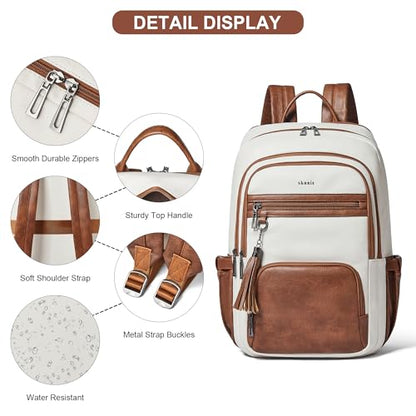 Shrrie 17 Inch Laptop Backpack for Women,Vegan Leather Backpack Purse,28L Work Business College Travel Computer Backpacks with Pouch Pocket for Large Capacity Cup & USB Charger,Beige with Brown - color: Beige With Brown