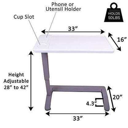 Carex Rolling Overbed Table, Hospital Bed Table, Laptop Tables for Recliner, Bed, Bedside and Sofa, Computer Tables, Hospital Tray, Adjustable with Wheels and Secure Height Adjustment