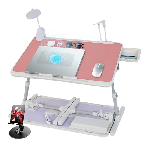 Adjustable Laptop Lap Desk with Cooling Fan USB Light for Adults 56x32cm,Pink - color: Pink+holder,56x32cm