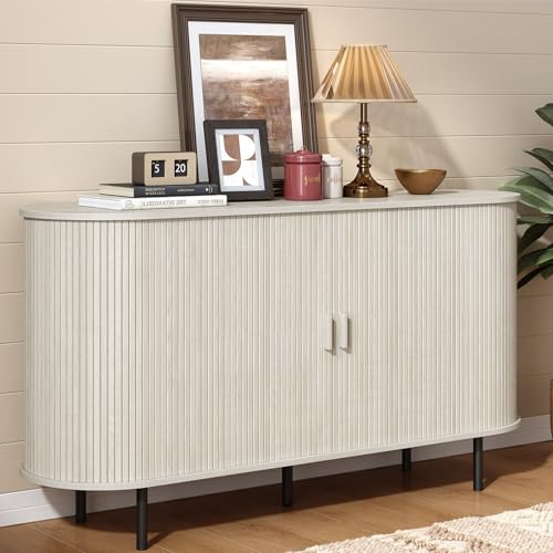 ONBRILL 55" Sideboard Buffet Cabinet with Storage, Storage Cabinet with Sliding Door & Adjustable Shelf, Modern Accent Coffee Bar Console Table for Kitchen, Entryway, Natural White - color: Natural White, size: 55"