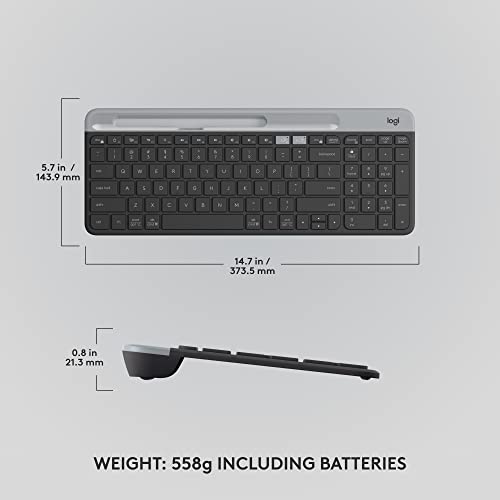 Logitech K585 Slim Wireless Keyboard with Built-in Phone Cradle - Graphite | Bluetooth with included USB receiver, connects 2 devices, cradle can hold smartphone or tablet up to 10 in. in landscape mode - color: Graphite