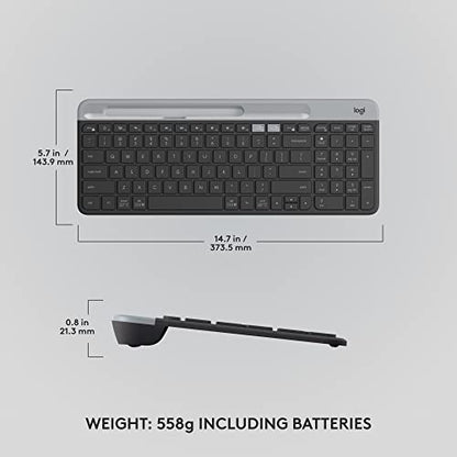 Logitech K585 Slim Wireless Keyboard with Built-in Phone Cradle - Graphite | Bluetooth with included USB receiver, connects 2 devices, cradle can hold smartphone or tablet up to 10 in. in landscape mode - color: Graphite