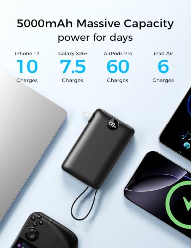 Portable Charger Power Bank 50000mAh Massive Capacity, Built-in Wall Plug USB-C & iOS Cables, 22.5W Fast Charging Battery Pack with LED Display, Travel Essential for Camping, iPhone, Samsung Black