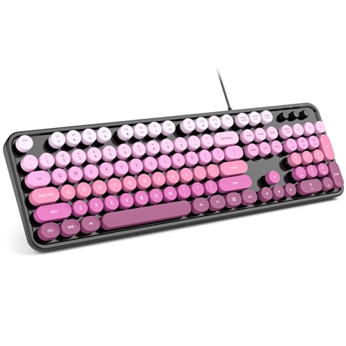 MOWUX Computer Keyboard Wired, Plug and Play USB Retro Round Typewriter Keyboard, Full Size Wired Keyboard with Foldable Stands for Laptop and Office PC- Blue with Large Print - color: Black Pink Gradient