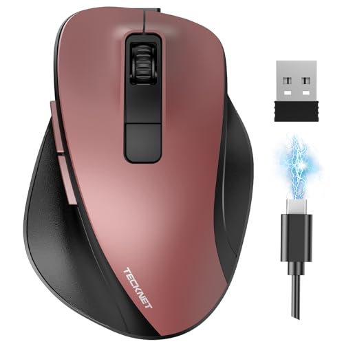 TECKNET Wireless Mouse, Bluetooth Mouse (BT5.0/3.0 & 2.4G) Rechargeable 4800 DPI Silent Mice, Computer Mice with USB A Receiver,Large Sized Ergo Grips Optical Cordless Mice for Laptop/Mac/PC,Red - color: Red