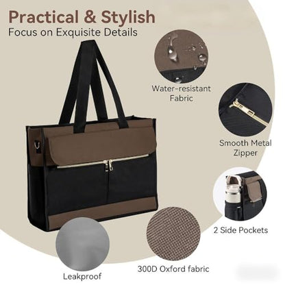 Laptop Bag for Women - 15.6 Inch Tote Work Bag with Compartments Nurse Teacher Bag Large Lightweight Office Handbag - color: Brown