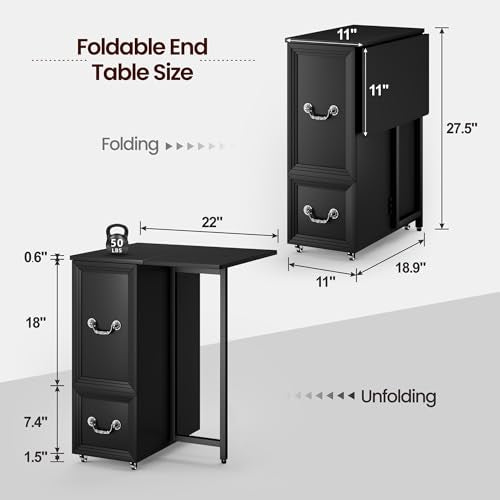 Lareth Rolling Side Table with Wheels, Led Lights & Charging Station | Foldable Desktop Narrow End Table, 1 Drawer, 2 Bookshleves, 27.56"H Tall Nightstand for Small Space, Living Room, Black - color: B Black