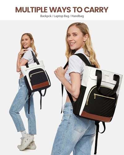 LOVEVOOK Laptop Backpack for Women, 15.6 Inch Work Laptop Bag Teacher Nurse Backpack, Wide Open Travel Tote Backpack Purse Business Computer Daypack - color: Beige&black-a