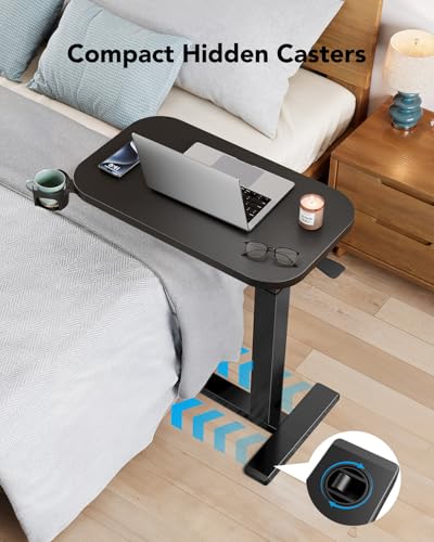 HUANUO 28Inch Bedside Table with Wheels, Height-Adjustable Rolling Computer Cart, Overbed Table with Cup Holder, Pneumatic Laptop Standing Desk for Home Office, Black - color: Black, size: Small-28 Inch