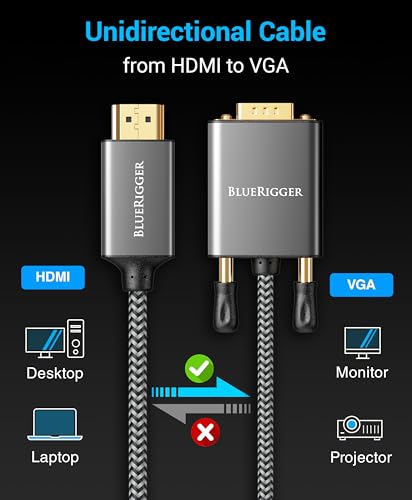 BlueRigger HDMI to VGA Cable 6FT (Unidirectional, 1080P, 60Hz, HDMI Adapter for Monitor, Male to Male, HDMI Source to VGA Display) - Compatible with Desktop, Laptop, PC, Monitor, Projector, HDTV - size: 6FT, style: HDMI-VGA