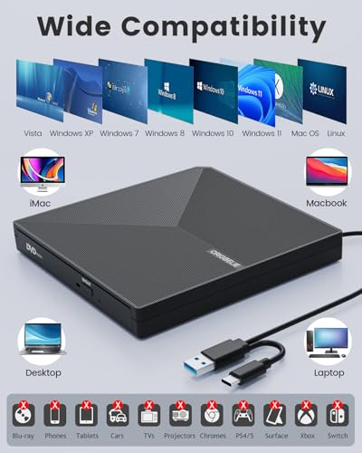 ORIGBELIE External CD DVD Drive, Portable USB C & A DVD Optical Disc Drive | USB 3.0 CD ROM DVD +/-RW Player Burner Reader Writer for MacBook Laptop iMac Desktop PC Windows 11/10/8/7/XP Linux Mac OS - size: 5.6" x 5.6" x 0.7"