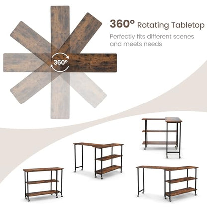 Giantex 360° Free Rotating Sofa Side Table, Mobile L-Shaped Laptop Desk with Sturdy Metal Frame, 6 Universal Casters, Movable Couch Snack Table with 2-Tier Storage Shelf for Home (Rustic Brown) - color: Rustic Brown