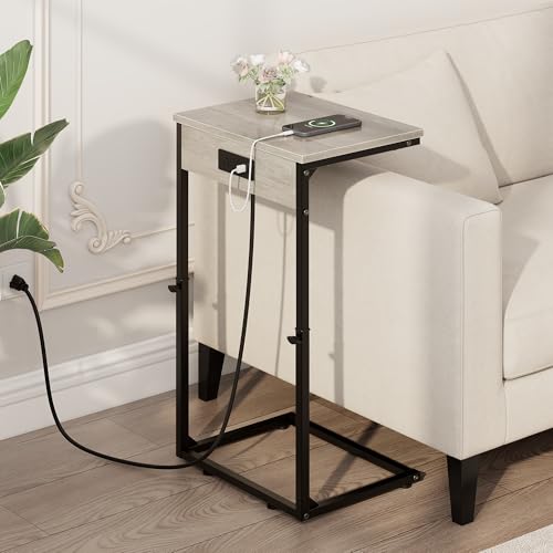 C Shaped End Table with Charging Station, Adjustable Height Side Table for Couch,Small Side Table Small Spaces,33.2'' Tall Couch Tables that Slide Under, Tv Tray Table for Living Room, Greige - color: Greige (1 Pack), style: With Plug