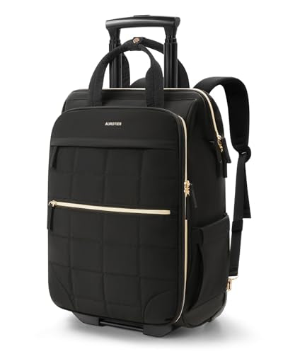 Rolling Puffer Backpack for Women, Wheeled Laptop Backpack, Short-Term Travel Backpack with Wheels, Roller Adults Work Computer Bag, Water Resistant Overnight College Underseat Carry on Luggage, Black - color: Black