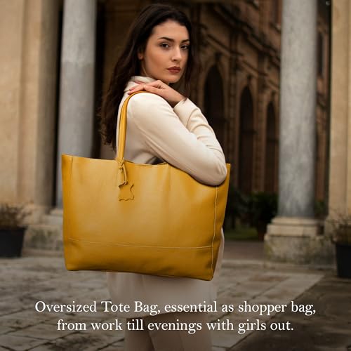 Italian Leather Tote Bag for Women - Large Shoulder Shopper, Fits 16” Laptop, Keychain Holder, Made in Italy - color: Yellow