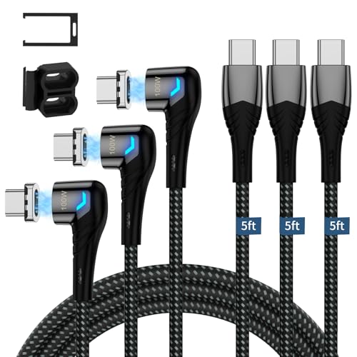 ZBF 100W USB C Magnetic Charging Cable, Right Angle Magnetic Phone Charger Cable(3 Pack, 5/5/5FT) 5A Fast Charging for Mac-Book Pro/Air, Pad Pro,Phone 17 16,14,13 Pro Max Galaxy S22 - color: B