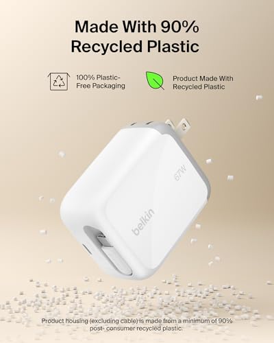 Belkin USB C Retractable Wall Charger, 67W Max GaN Fast Charging Block w/Built-in, Extra-Long 3.3ft Retractable Cable - iPhone Charger for iPhone 17/16 Series, Galaxy, MacBook, AirPods, iPad, & More - color: White, style: 67W