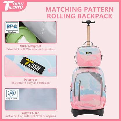 NEW TILAMI 16 Inch Rolling Backpack with Lunch Bag for Girls Boys School | 6-Wheel Stair-Climbing Girls Boys Carry-on Suitcase Water-Resistant Adjustable Trolley Handle Wheels School Travel Camping - color: Pastel Pink - Blue