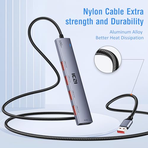 ICZI USB 3.2 Hub 10Gbps 4 Port USB3.2 Gen 2 Splitter with 4FT Cable for Laptop, Desktop PC, Xbox, PS5, iMac, Surface Pro, Xps - size: usb 3.2 aluminum