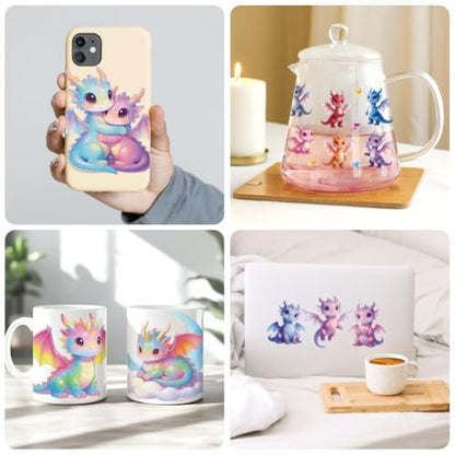 Peacoblue UV DTF Cup Wraps Transfer Stickers Cute Dragon Animal Pattern, 10 Sheets Waterproof Custom Vinyl Transfer Sticker 16oz Coffee Glass Cup Tumbler Bottle Mug Decals for Men Women - style: Cute Dragon Animal
