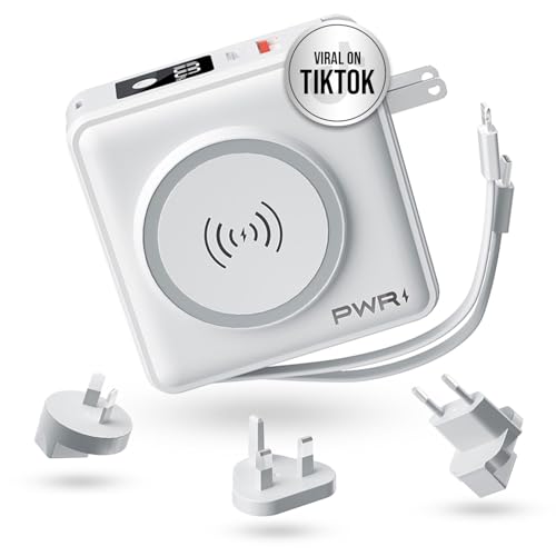 PWRMobile PWR Travel PRO 5-in-1 Power Bank – 10,000mAh with Built-in Cables – 20W USB-C + 15W Wireless Charging – Compact Portable Charger for iPhone & Android - White - color: White