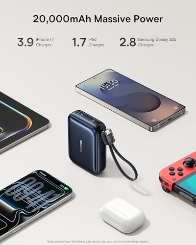 Baseus PicoGo AC22 Mini Power Bank, 20000mAh 45W PD Portable Charger Built-in USB-C Cable, Travel Essential Compact Battery Pack, Fast Charging Battery Bank for iPhone 17/16/15 Samsung S25 Pixel iPad - size: 20000mAh