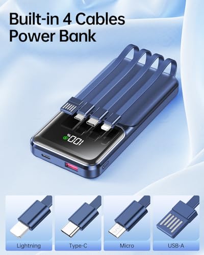 Portable Charger with Built in Cable - 20000mAh Fast Charging 22.5W Power Bank USB C LED Display Slim Battery Pack 5 Outputs & 3 Inputs for Travel Essentials iPhone Samsung Android Phones Tablets - color: Blue