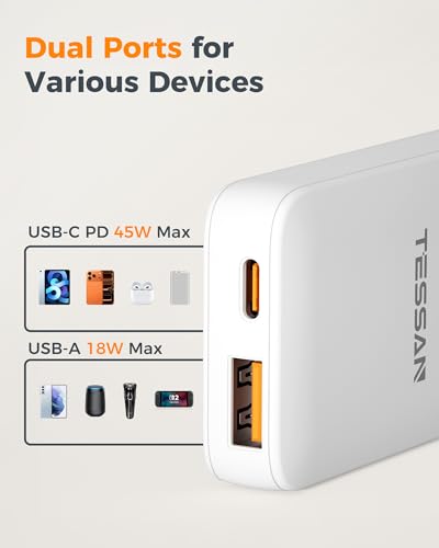 Flat Wall Charger USB C PD 45W, TESSAN Flat USB Wall Plug Foldable | 1 USB C and 1 USB A, Outlet Adapter, Fast Charging Block, Ultra Slim Charger, for Travel - size: USB-A&C PD45W