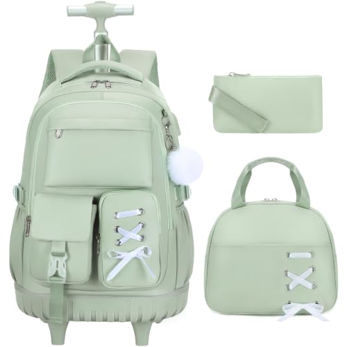 Scothen Rolling Backpack for Girls, Girls Backpack Set with Lunch Box & Pencil Pouch for Teen Girl Kids Children Elementary Middle School, Bookbag Daypack Laptop Travel Backpack with Wheels (Green) - color: Green