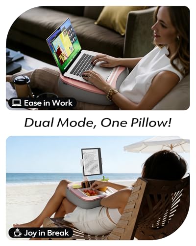 LULULOOK 2-in-1 Lap Desk & Kindle Pillow Stand, Laptop Desk Holder with Beanbag Cushion & Foldable Arm for 14" Laptop,iPad, Phone, 4.7-14.6" Tablet & Kindle Reading in Bed - color: Pink