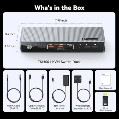 TobenONE KVM Switch 2 Monitors 2 Computers for Laptop & Desktop | Dual HDMI 4K@60Hz KVM Docking Station, EDID, 5 USB (Max 10Gbps), 100W PD, Wired Remote, for Home Office & Gaming