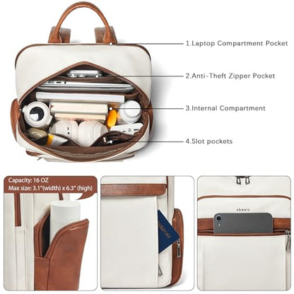 17 inch Laptop Backpack for Women, Leather Computer Backpack Purse - color: Beige