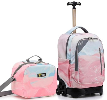 NEW TILAMI 18 Inch Rolling Backpack with Lunch Bag for Girls Boys School | 6-Wheel Stair-Climbing Girls Boys Carry-on Suitcase Water-Resistant Adjustable Trolley Handle Wheels School Travel Camping - color: Pink Sunset Glow