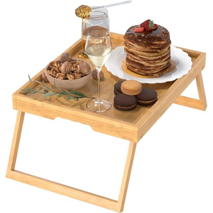Bamboo Bed Tray Table with Folding Legs, Medium, Bamboo | FSC-certified bamboo bed tray with folding legs, handles and raised edges for meals, reading, laptops and serving in bed. - color: Bamboo, size: Medium