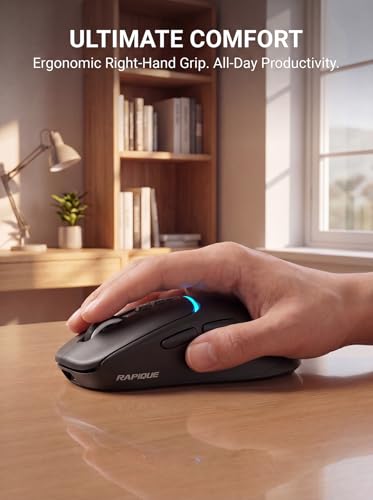 RAPIQUE Bluetooth Wireless Mouse, Dual Bluetooth + 2.4G, Black | 3-device switching, USB-C rechargeable, quiet clicks, 4 DPI Levels up to 3200, Ergonomic Right-Hand for PC, MacBook, Laptop - color: Black