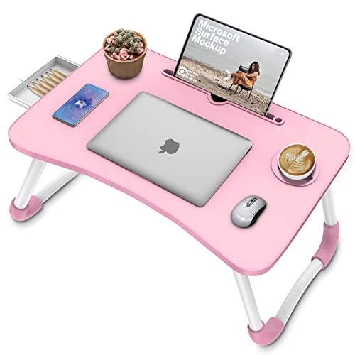 Zapuno Multi-Function Laptop Bed Table with Storage Drawer and Cup Holder, Lap Desk Stand Tray for Eating, Reading and Working - color: Pink