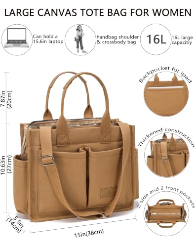 Canvas Tote Bag for Women,Women's Bags Crossbody Bags Work Laptop Tote Bag Large Handbags Purse for Travel Nurse Teacher - color: New Upgrade Brown With Compartments and Side Cup Holders