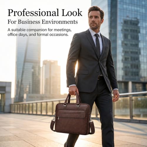 Men's Leather Laptop Bag 15 IN, Water-Resistant Briefcase Messenger Bag for Work, Business, Shoulder Crossbody Office Satchel - color: Brown
