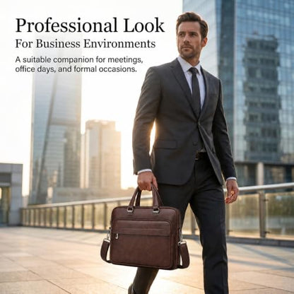 Men's Leather Laptop Bag 15 IN, Water-Resistant Briefcase Messenger Bag for Work, Business, Shoulder Crossbody Office Satchel - color: Brown