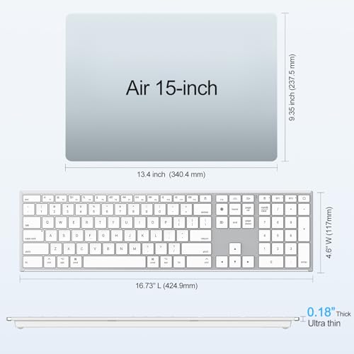 OMOTON Full Size Wireless Keyboard for Mac, Metal Frame, Silver | Ultra Slim & Quiet, Rechargeable Ergonomic, Bluetooth + 2.4G triple for MacBook Pro/Air/Neo, iMac, Mac Mini, Office/Home
