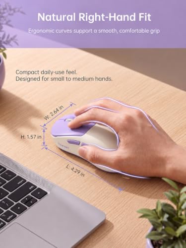 hunart H6 49g Wireless Mouse, Bluetooth & 2.4GHz, USB-C Charging, Purple | Silent Clicks, Two Ways to Connect, Right-Hand Ergonomic Comfort, Portable for Laptop, MacBook, PC & Tablet - color: Cream Purple