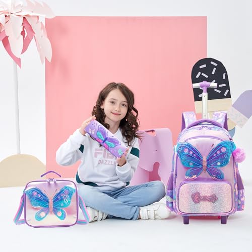 Meetbelify Girls Rolling Backpack with Wheels for Kids 3D Butterfly School Roller Backpack,Carry on Travel Luggage with Lunch Bag and Pencil Case for Girls Ages 5-12 - color: 01 Butterfly