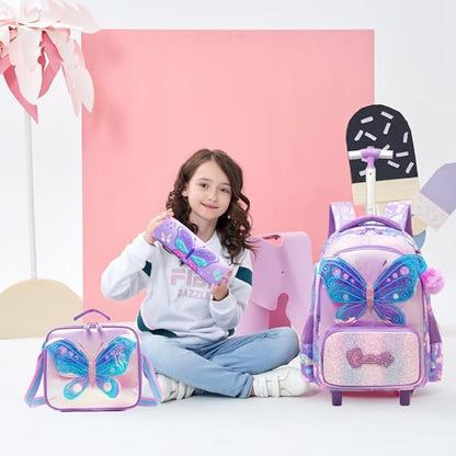 Meetbelify Girls Rolling Backpack with Wheels for Kids 3D Butterfly School Roller Backpack,Carry on Travel Luggage with Lunch Bag and Pencil Case for Girls Ages 5-12 - color: 01 Butterfly