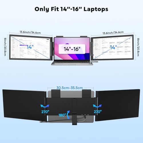 Wireless Triple Portable Monitor，Laptop Screen Extender 14", Wired Left Screen & Wireless Right Screen, 1080P FHD IPS Display Compatible with Mac M1 M2 M3 M4 Windows Android, Fits 14"-16" Laptops