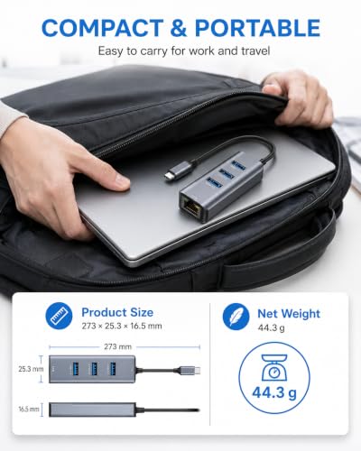ABLEWE USB C to Gigabit Ethernet Adapter with 3 USB 3.0 Ports, 4-in-1 RJ45 Network Hub, Plug and Play USB-C LAN Adapter for MacBook Pro/Air, iPad Pro, iPhone 15/16, Chromebook, XPS, Surface - color: Grey